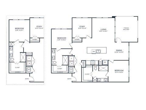 Floor plan for 2 beds, 2 baths, 1500 sqft